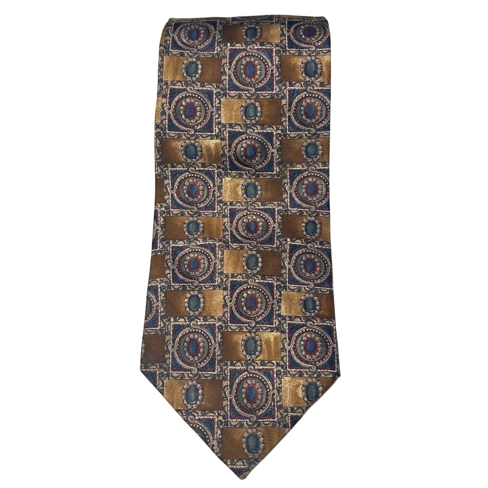 Bill‎ Blass Mens Silk Tie Geometric Pattern Brown Blue Avant Garde